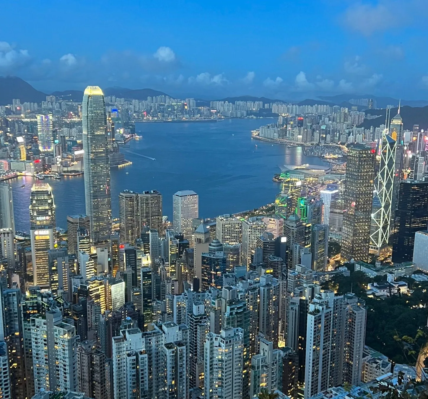 Victoria Harbour and the Hong Kong skyline at dusk, seen from the Peak